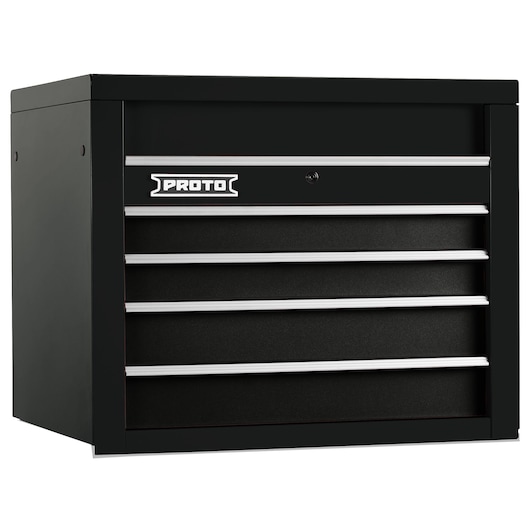 PROTO J553427-4BK black metal tool chest with four drawers, front angle on white background.