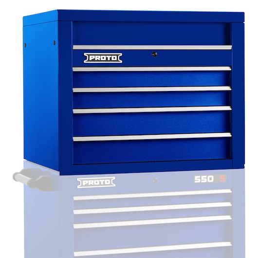 PROTO J553427-4BL blue steel tool chest with five drawers, front view on white background.