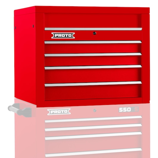 PROTO J553427-4RD red steel tool chest with five drawers, front angle on white background.