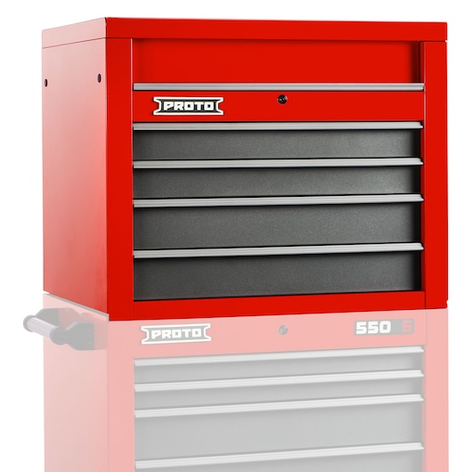 Photo of PROTO J553427-4SG red and black tool chest with four drawers, front angle on white background.