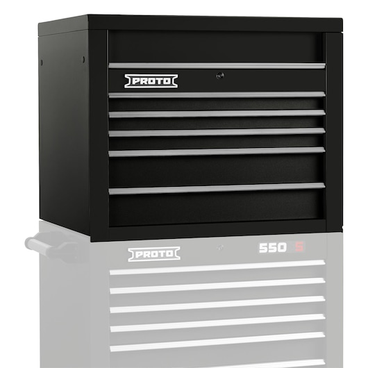 PROTO J553427-5BK black metal tool chest with five drawers, front angle on white background.