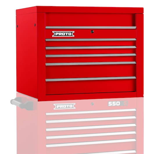 PROTO J553427-5RD red metal tool chest with five drawers, product photography, front angle.