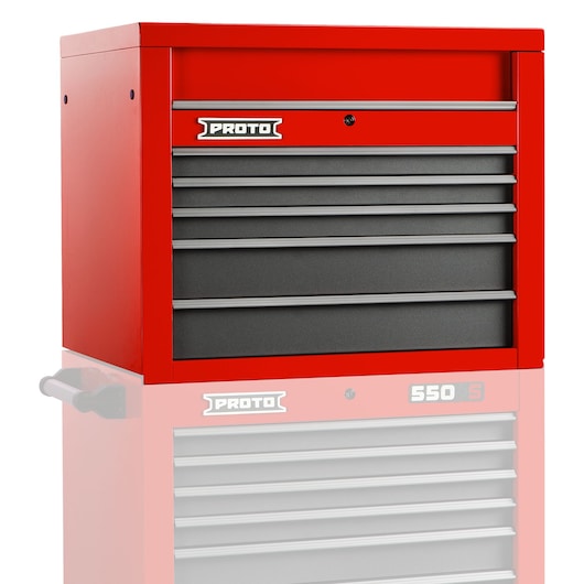 PROTO J553427-5SG red and black tool chest with five drawers, photography, front left angle on white background.
