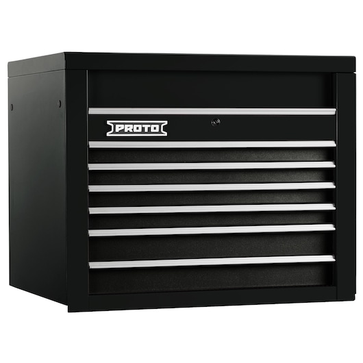 PROTO J553427-6BK black steel tool chest with six horizontal drawers, angled front on white background.