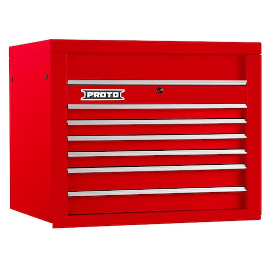 PROTO J553427-6RD red tool chest with six drawers, front angle, metal construction, white background.
