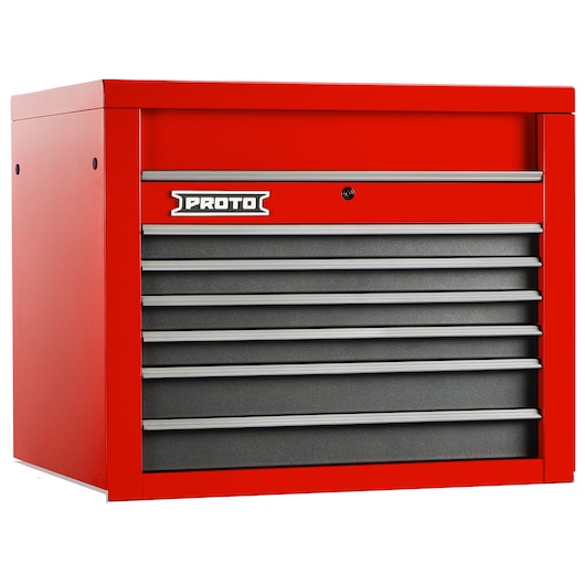 PROTO J553427-6SG red steel tool chest with six drawers, angled front view on white background.
