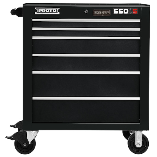 PROTO J553441-6BK black rolling tool cabinet with six drawers, front view on white background.
