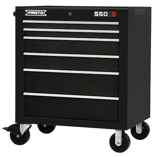 PROTO J553441-6BK black rolling tool cabinet with six drawers, side angle on white background.