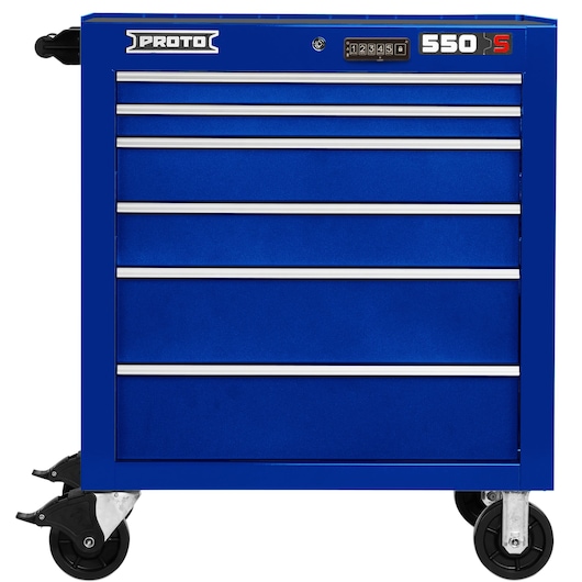 PROTO J553441-6BL blue tool chest with six drawers on casters, front angle photography.