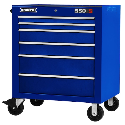 PROTO J553441-6BL blue rolling tool cabinet with six drawers, side angle on white background.
