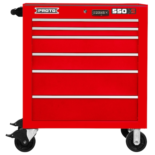 Photo of PROTO J553441-6RD red rolling tool cabinet with five drawers, front angle.