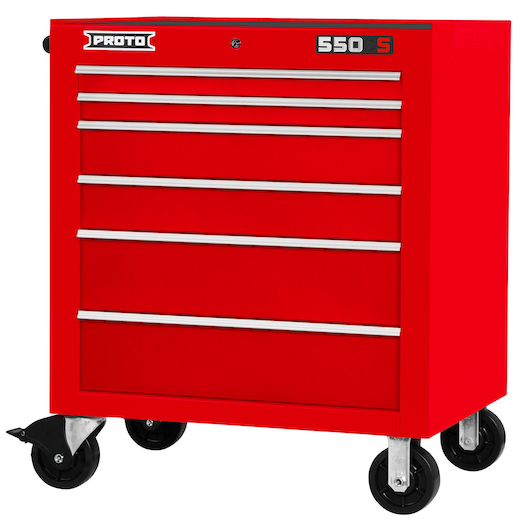 PROTO J553441-6RD red rolling tool cabinet with six drawers, front angle, white background.
