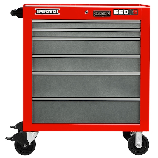 PROTO J553441-6SG red tool chest with five gray drawers and wheels, front angle.