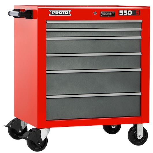 PROTO J553441-6SG red rolling tool chest with five grey drawers, side handle, front angle.