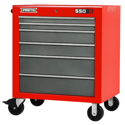 PROTO J553441-6SG red rolling tool cabinet with five gray drawers, shown from front angle on white background.