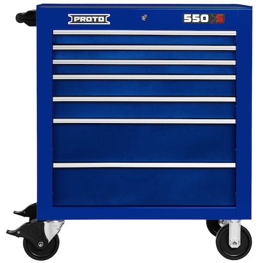 PROTO J553441-7BL blue tool chest cabinet with seven drawers on wheels, front angle, photography.