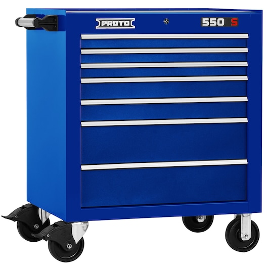 PROTO J553441-7BL blue rolling tool cabinet with seven drawers, side handle, and caster wheels, front angle.