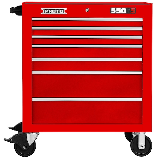 PROTO red rolling tool chest with seven drawers, front angle, SKU J553441-7RD.