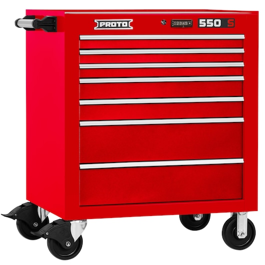PROTO J553441-7RD red tool chest with seven drawers and caster wheels, front angle, photography.