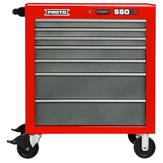 PROTO J553441-7SG red tool chest with seven drawers, silver handles, and caster wheels, front angle, white background.