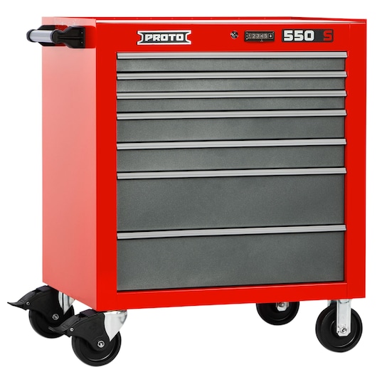 PROTO J553441-7SG red tool chest with seven gray drawers and wheels, front angle, photography