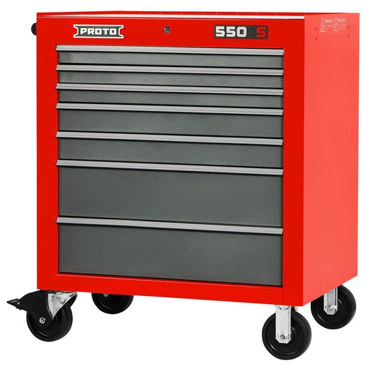 Photo of PROTO J553441-7SG red rolling tool chest with seven drawers, front angle on white background.