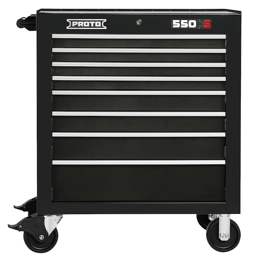 PROTO J553441-8BK black rolling tool chest with eight drawers, front angle, white background.