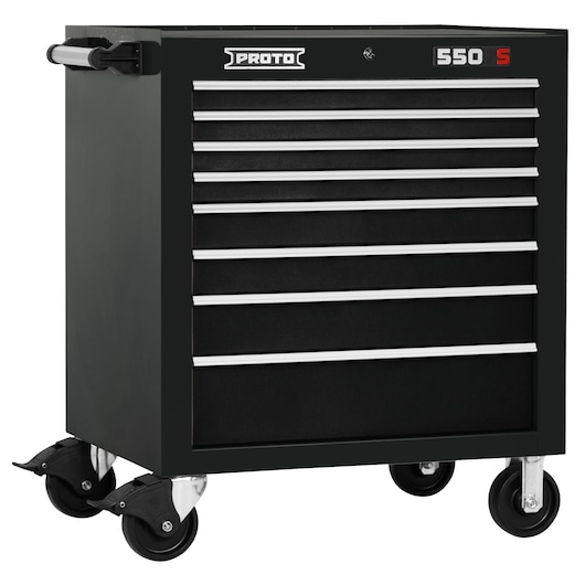 PROTO J553441-8BK black rolling tool chest with 8 drawers and side handle, front angle on white background.