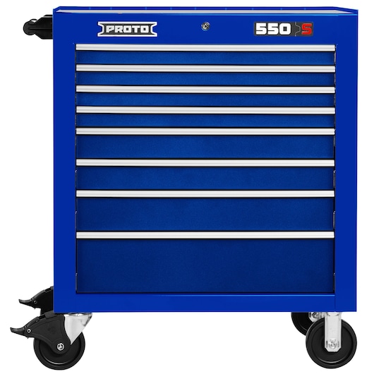 PROTO J553441-8BL blue rolling tool cabinet with eight drawers, front angle, photography on white background.