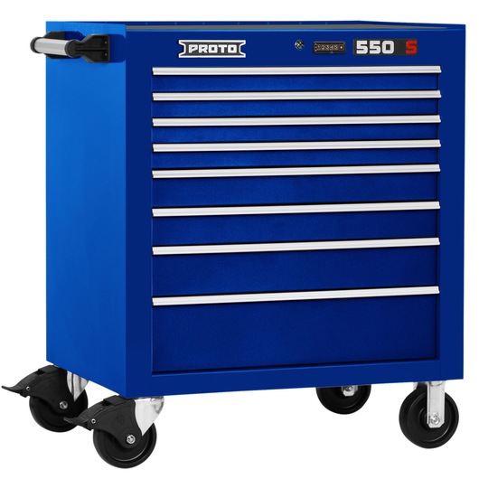 PROTO J553441-8BL blue rolling tool cabinet with eight drawers, metal handles, and four caster wheels, front angle.