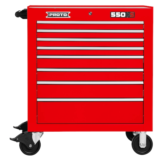 PROTO J553441-8RD red rolling tool chest with eight drawers, front view, white background.