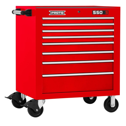 PROTO J553441-8RD red rolling tool cabinet with eight drawers, silver handles, and side handle, front angle.