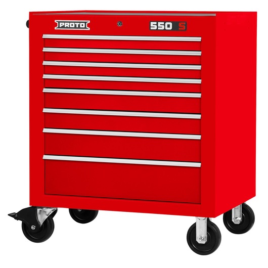PROTO J553441-8RD red tool chest with 8 drawers and wheels, front angle on white background