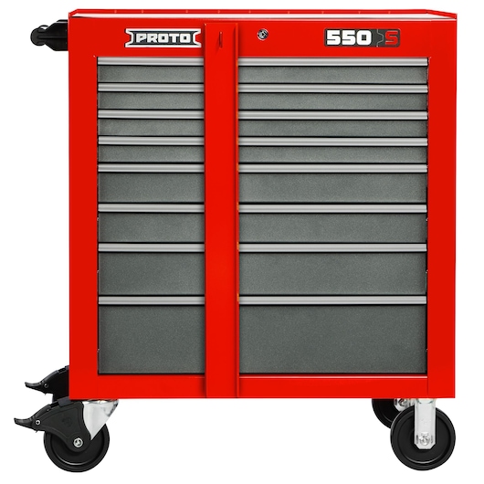 PROTO J553441-8SGL red rolling tool cabinet with multiple drawers, front angle on white background.