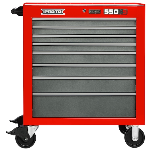 PROTO J553441-8SG red rolling tool chest with eight gray drawers, front angle on white background.