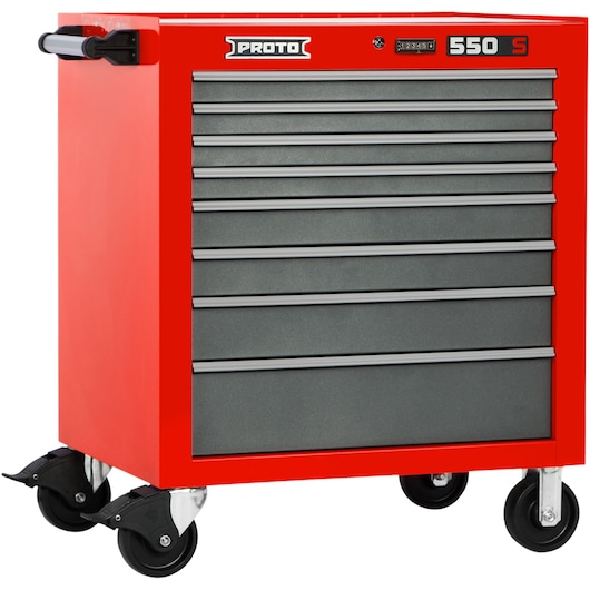 PROTO J553441-8SG red rolling tool chest with eight gray drawers, side handle, and four caster wheels, front angle.