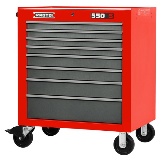 PROTO J553441-8SG red rolling tool chest with eight gray drawers, front angle, on white background.