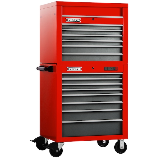 Photo of PROTO J553427-6SG red rolling tool chest with multiple gray drawers, side handle, and caster wheels, angled view.