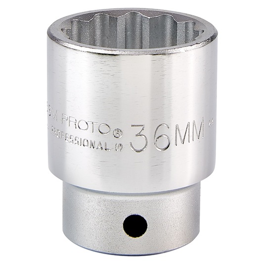Front angle photo of PROTO J5536M 36mm chrome socket tool with twelve-point interior on white background.