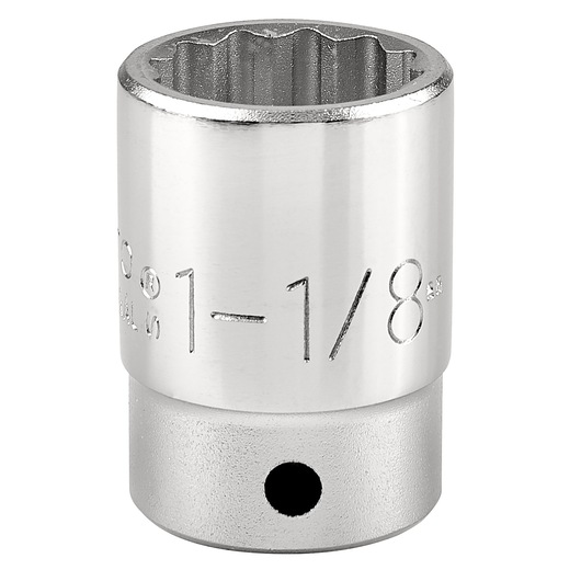 PROTO J5536 chrome socket with 12-point opening, 1-1/8 inch size, product photography on white background.
