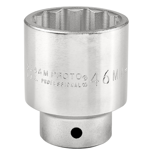 PROTO J5546M chrome socket, 46mm, 12-point, front angle, clear markings, white background.