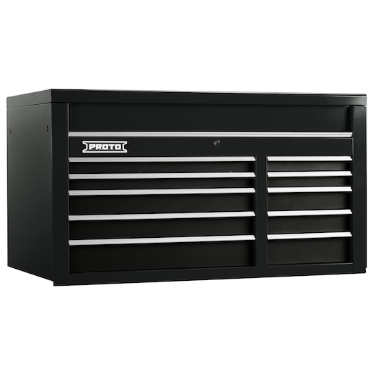 Photo of PROTO J555027-10BK black metal tool chest with ten drawers, front angle, white background.