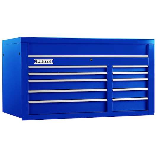 PROTO J555027-10BL blue steel tool chest with multiple drawers, front angle on white background.