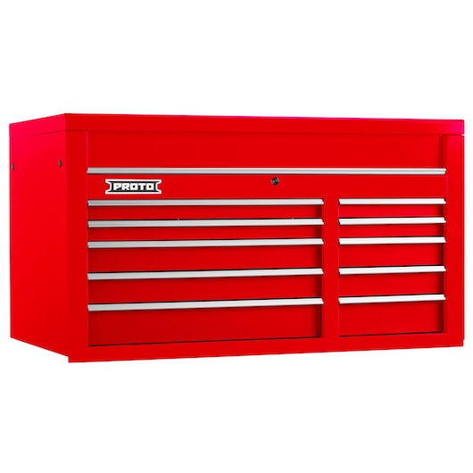 PROTO J555027-10RD red tool chest with multiple drawers, front angle, white background.