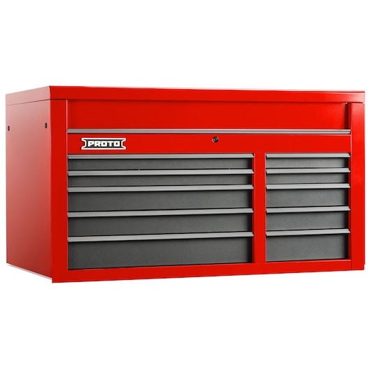Photo of PROTO J555027-10SG red and gray tool chest with multiple drawers, angled on white background.