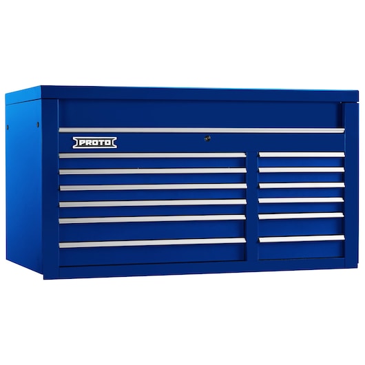 Photo of PROTO J555027-12BL blue steel tool chest with multiple drawers, front angle on white background.