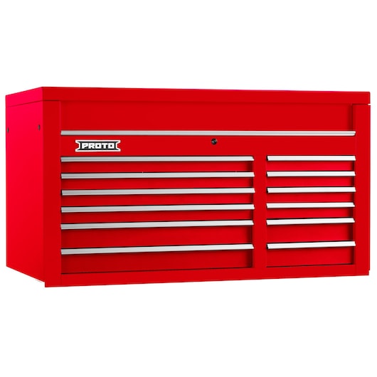 PROTO J555027-12RD red tool chest with multiple drawers, front angle on white background.