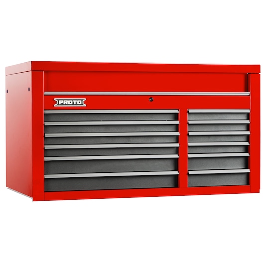 PROTO J555027-12SG red steel tool chest with multiple drawers, front angle on white background.