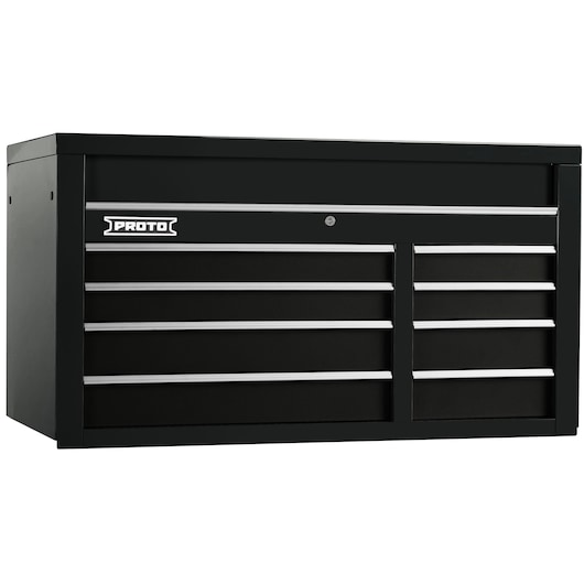 PROTO J555027-8BK black steel tool chest with eight drawers, front angle on white background.