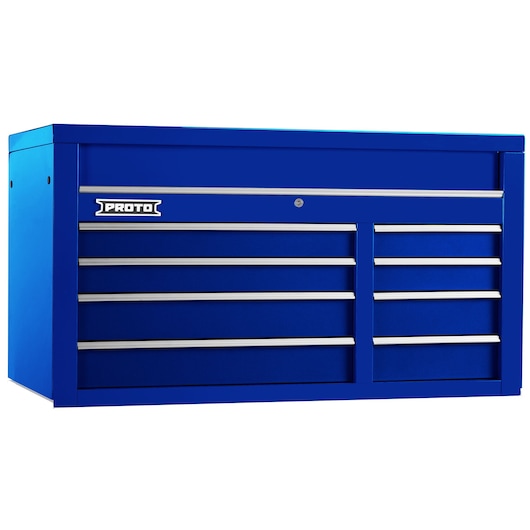 PROTO J555027-8BL blue steel tool chest with multiple drawers, front angle on white background.